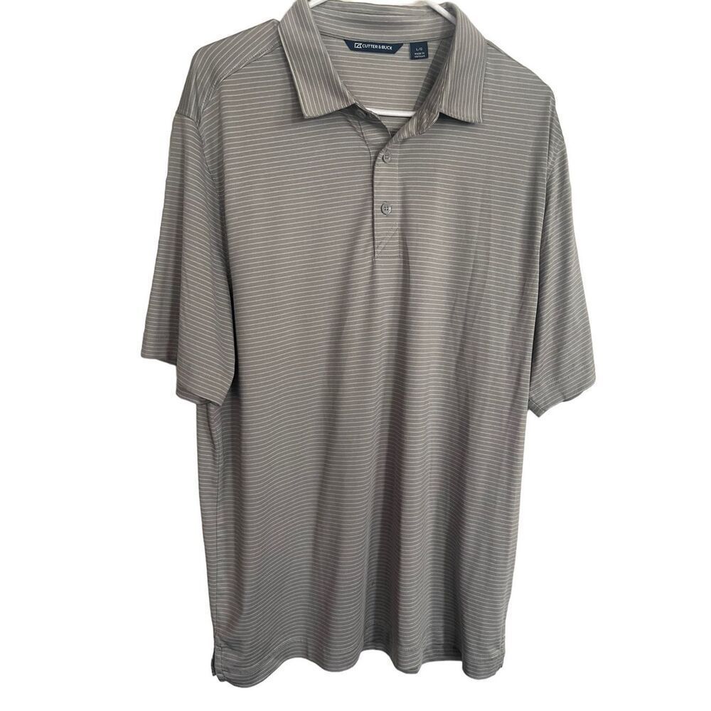 Cutter & Back Mens Grey And White Striped Three Button Short Sleeve Polo Large